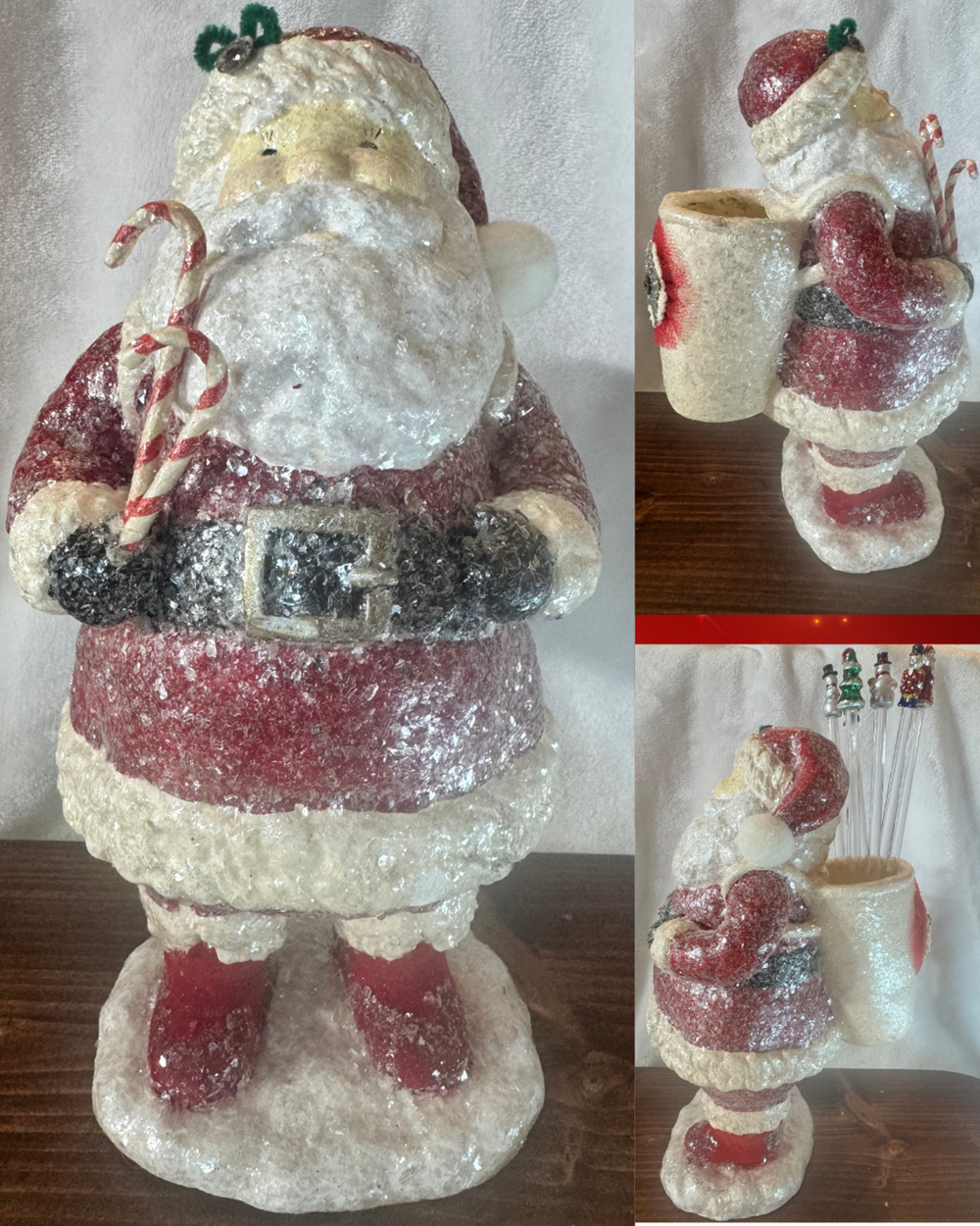 Vintage Midwest Seasons Cannon Falls Crushed Ice Glitter Santa Figurine Holder